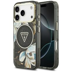 Guess Case Magsafe IML Case Glitter Flowers And Triangle With Metal Camera Frame And Buttons For iPhone 17 Pro Black