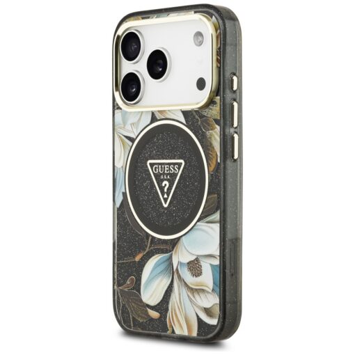 Guess Case Magsafe IML Case Glitter Flowers And Triangle With Metal Camera Frame And Buttons For iPhone 17 Pro Black - Image 2