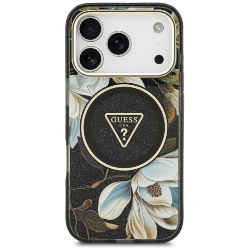 Guess Case Magsafe IML Case Glitter Flowers And Triangle With Metal Camera Frame And Buttons For iPhone 17 Pro Black - Image 3