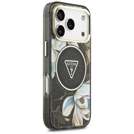Guess Case Magsafe IML Case Glitter Flowers And Triangle With Metal Camera Frame And Buttons For iPhone 17 Pro Black - Image 4
