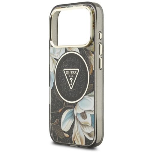 Guess Case Magsafe IML Case Glitter Flowers And Triangle With Metal Camera Frame And Buttons For iPhone 17 Pro Black - Image 6