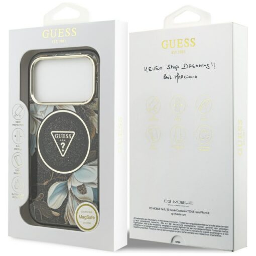 Guess Case Magsafe IML Case Glitter Flowers And Triangle With Metal Camera Frame And Buttons For iPhone 17 Pro Black - Image 8
