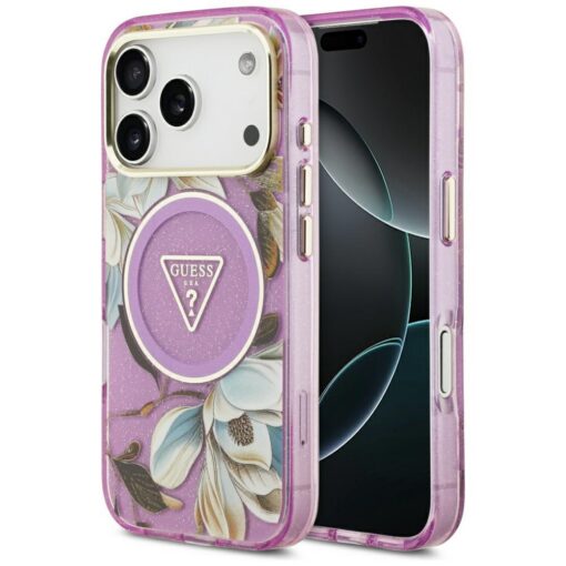 Guess Case Magsafe IML Case Glitter Flowers And Triangle With Metal Camera Frame And Buttons For iPhone 17 Pro PUrple