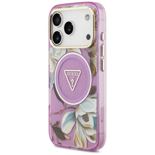 Guess Case Magsafe IML Case Glitter Flowers And Triangle With Metal Camera Frame And Buttons For iPhone 17 Pro PUrple - Image 2
