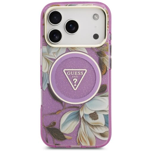 Guess Case Magsafe IML Case Glitter Flowers And Triangle With Metal Camera Frame And Buttons For iPhone 17 Pro PUrple - Image 3