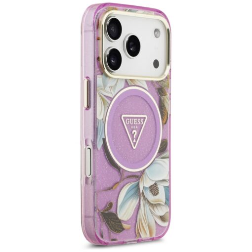 Guess Case Magsafe IML Case Glitter Flowers And Triangle With Metal Camera Frame And Buttons For iPhone 17 Pro PUrple - Image 4