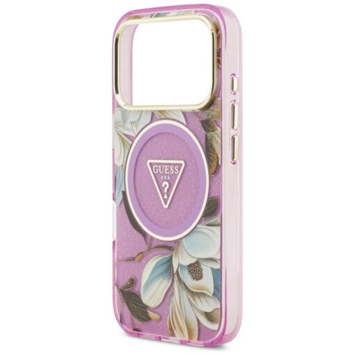 Guess Case Magsafe IML Case Glitter Flowers And Triangle With Metal Camera Frame And Buttons For iPhone 17 Pro PUrple - Image 6