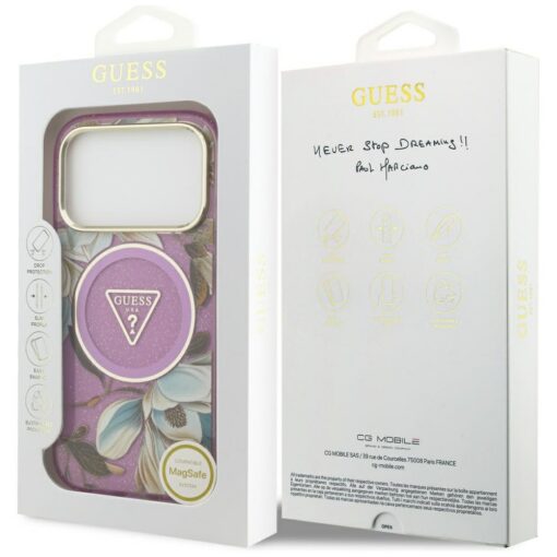 Guess Case Magsafe IML Case Glitter Flowers And Triangle With Metal Camera Frame And Buttons For iPhone 17 Pro PUrple - Image 8