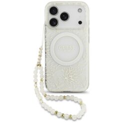 Guess Case Magsafe IML Case Flowers Electroplated Allover With Beads Strap For iPhone 17 Pro White