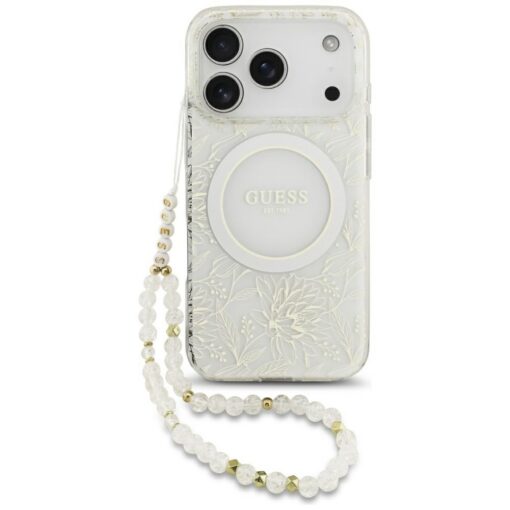 Guess Case Magsafe IML Case Flowers Electroplated Allover With Beads Strap For iPhone 17 Pro White