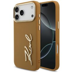 Karl Lagerfeld case PU leather case with Karl script logo and metal camera buttons for iPhone 17 Pro Max pink