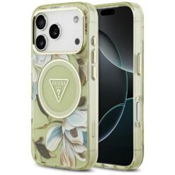 Guess IML Glitter Flowers Triangle MagSafe case for iPhone 17 Pro green