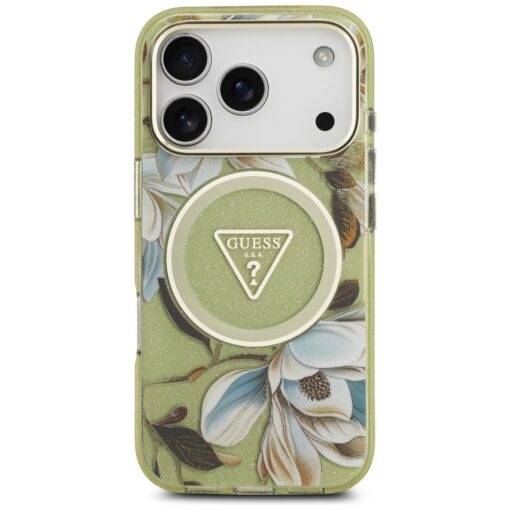 Guess IML Glitter Flowers Triangle MagSafe case for iPhone 17 Pro green - Image 3