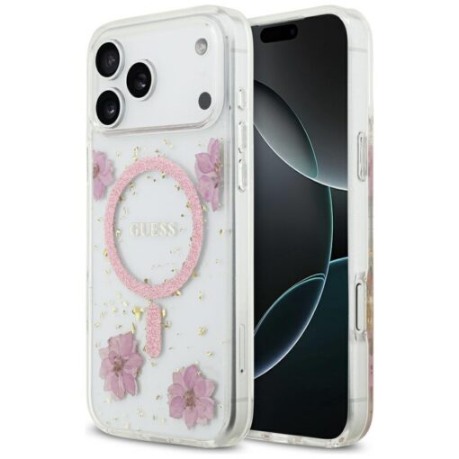 Guess Resin Flowers Glitter MagSafe case for iPhone 17 Pro Max pink