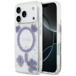 Guess Resin Flowers Glitter MagSafe case for iPhone 17 Pro purple