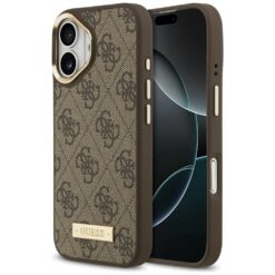 Guess 4G Logo Plate MagSafe case for iPhone 17 brown