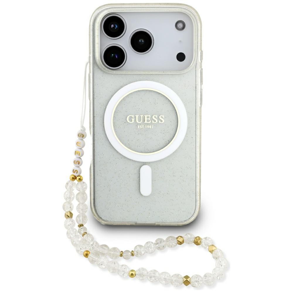Guess IML Glitter Pearl Strap MagSafe case for iPhone 17 Pro Max transparent