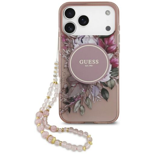 Guess IML Flowers Pearl Strap MagSafe case for iPhone 17 Pro Max pink