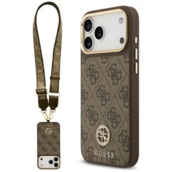 Guess 4G Strass Logo & Big Strap Metal Buttons MagSafe case for iPhone 17 Pro Max brown
