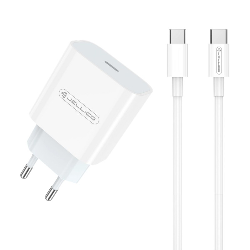 Laadija Jellico AK180 20W USB-C + USB-C to USB-C cable 1.0m valge