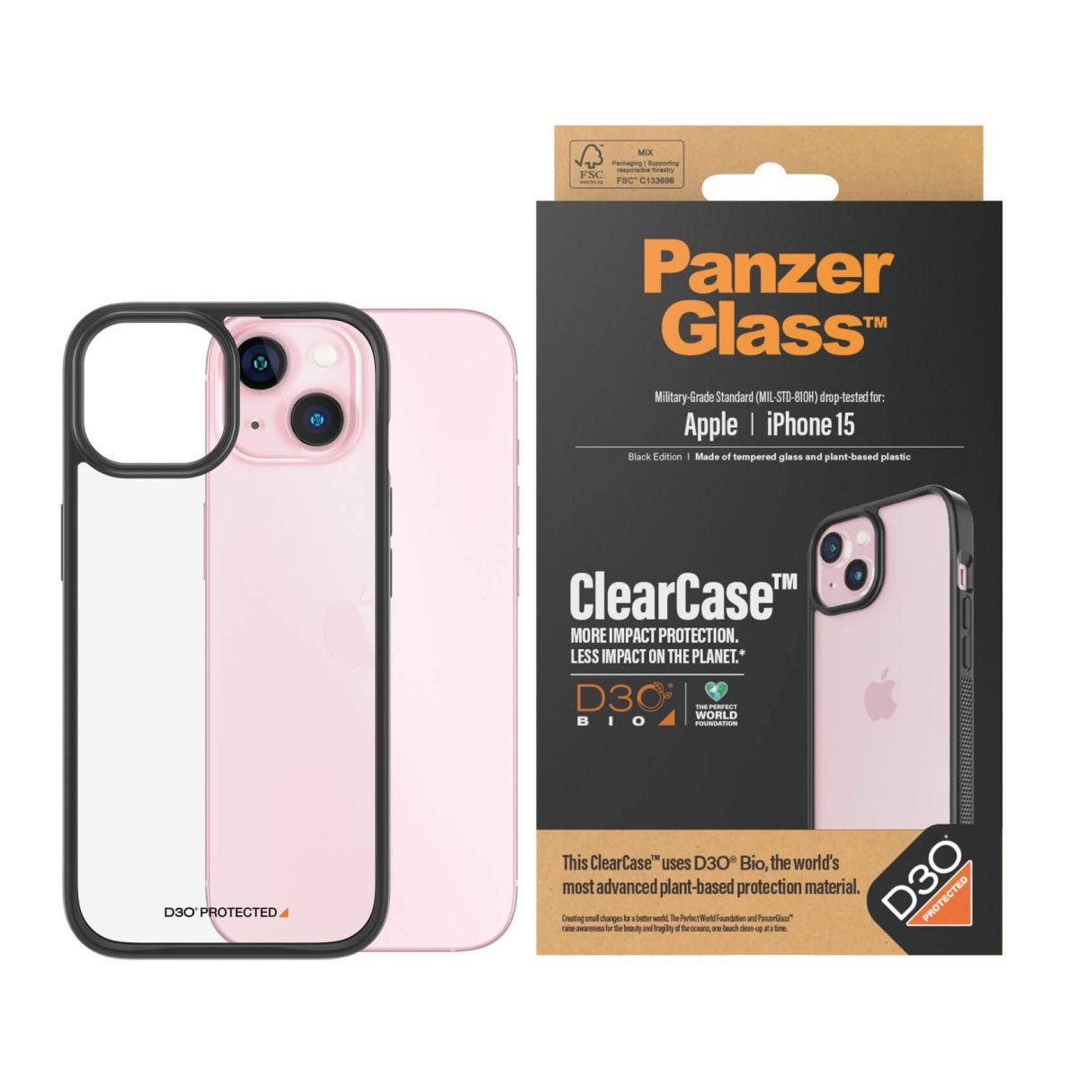 Kaitseümbris ClearCase D3O, Apple iPhone 15, läbipaistev musta äärega, klaasist tagaküljega, PanzerGlass - Image 2