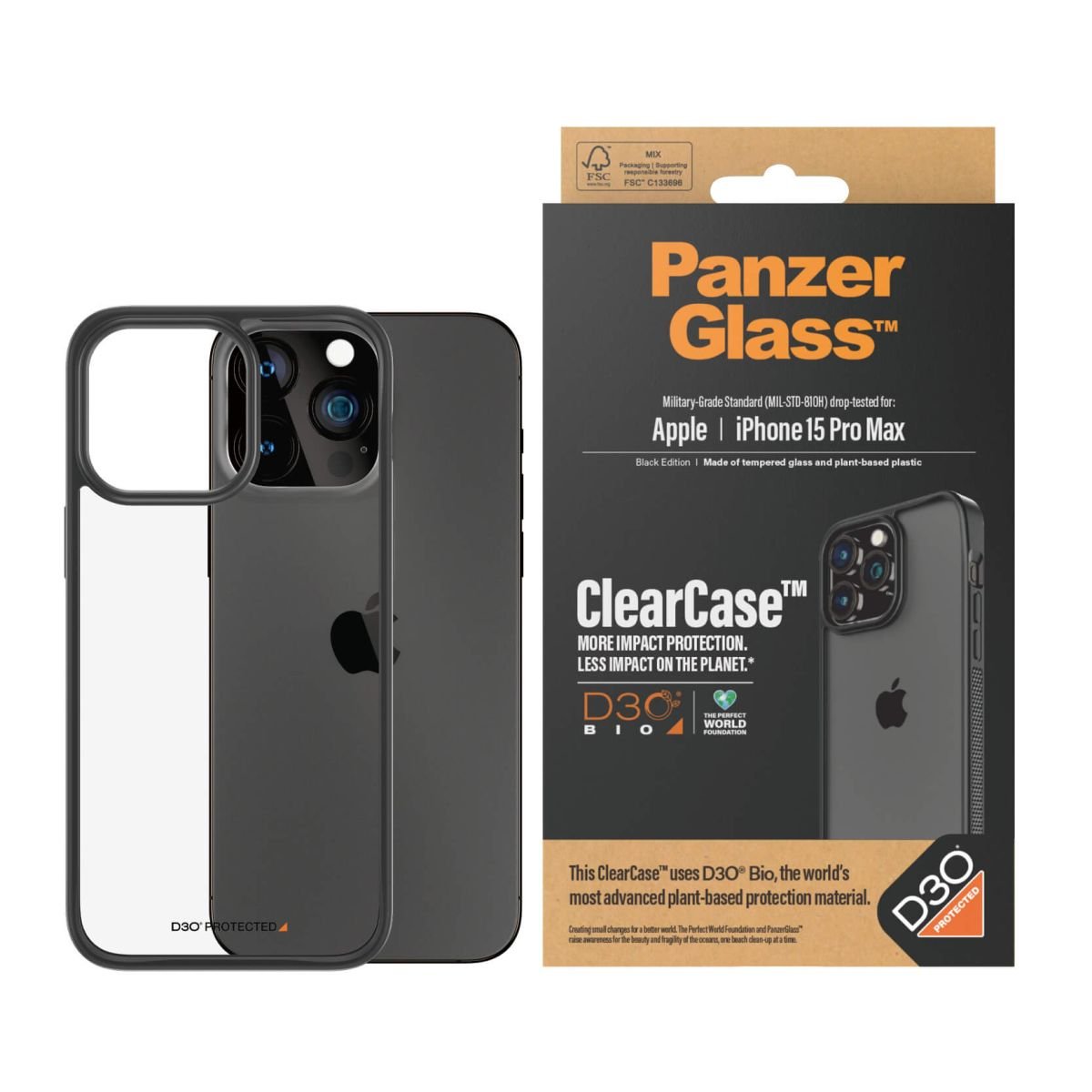 Kaitseümbris ClearCase D3O, Apple iPhone 15 Pro Max, läbipaistev musta äärega, klaasist tagaküljega, PanzerGlass - Image 2