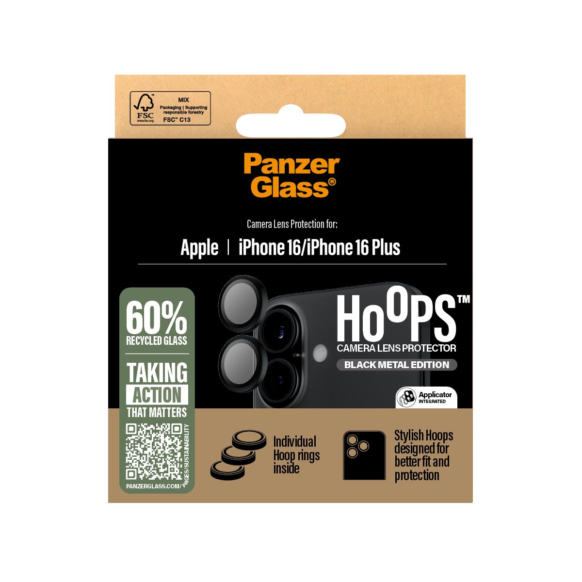 Tagakaamerate kaitseklaasid Hoops, Apple iPhone 16 / 16 Plus, must, PanzerGlass - Image 3