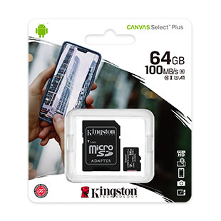 Mälukaart microSD 64GB, Class 10, UHS-I, R100/W10, Canvas Select Plus, Kingston
