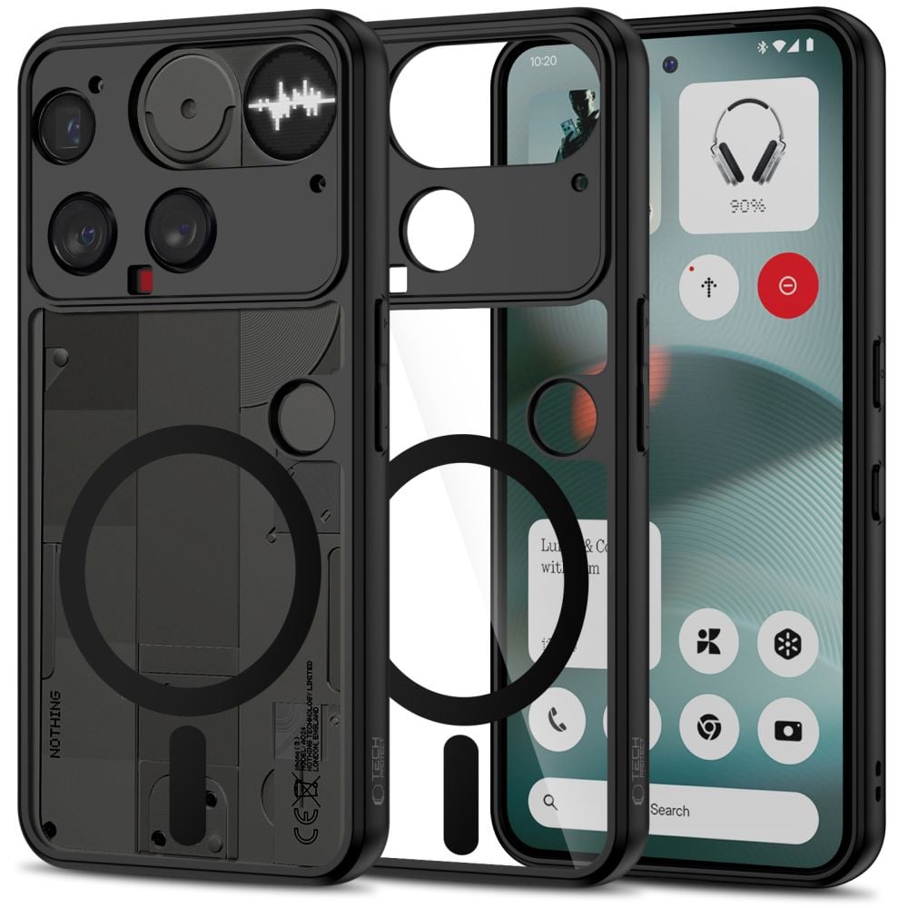 Kaitseümbris Magmat MagSafe, Nothing Phone (3), matt läbipaistev musta äärega, Qi2/MagSafe toega, Tech-Protect