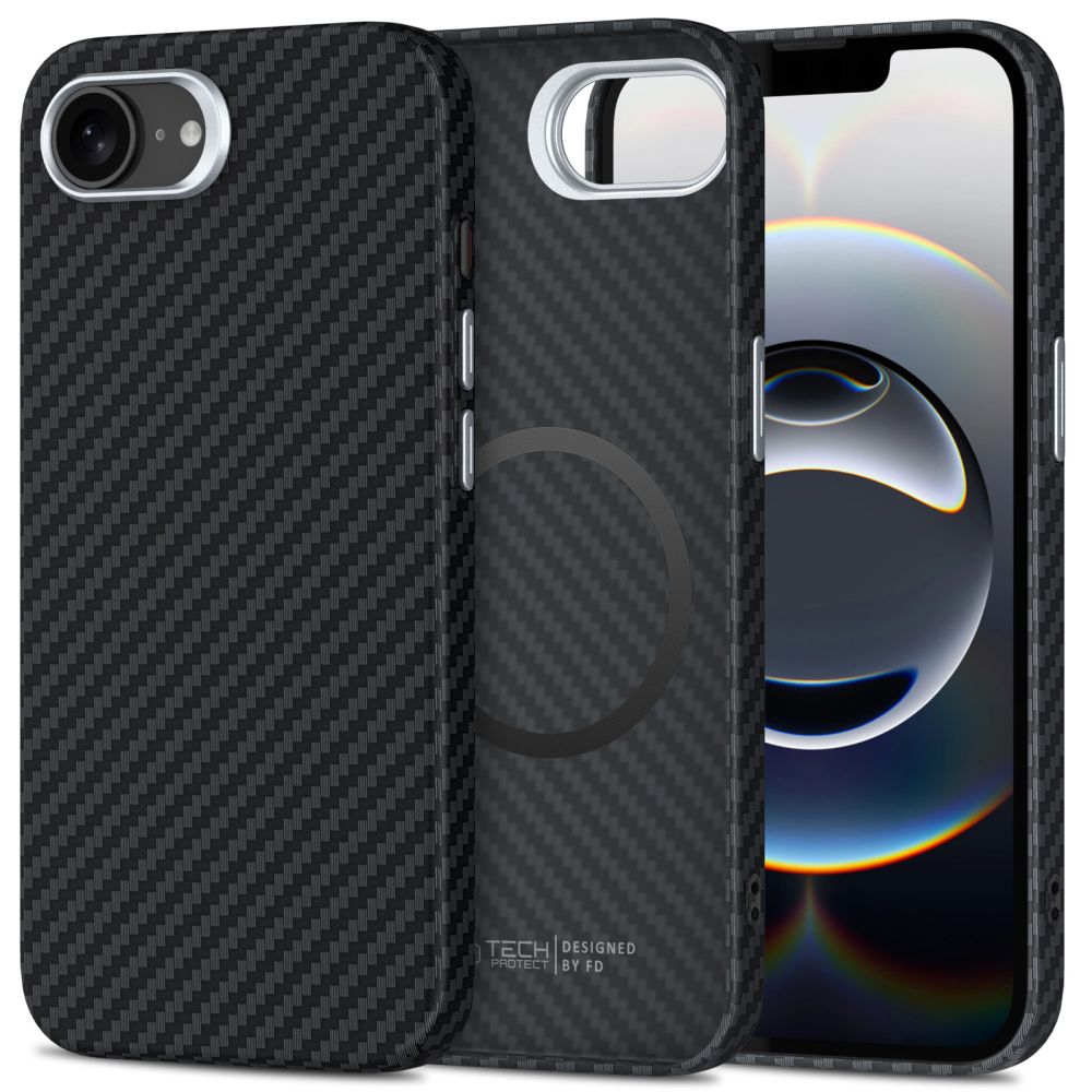 Kaitseümbris Ion Carbon MagSafe, Apple iPhone 16e, must/hõbedane, õhuke, Tech-Protect
