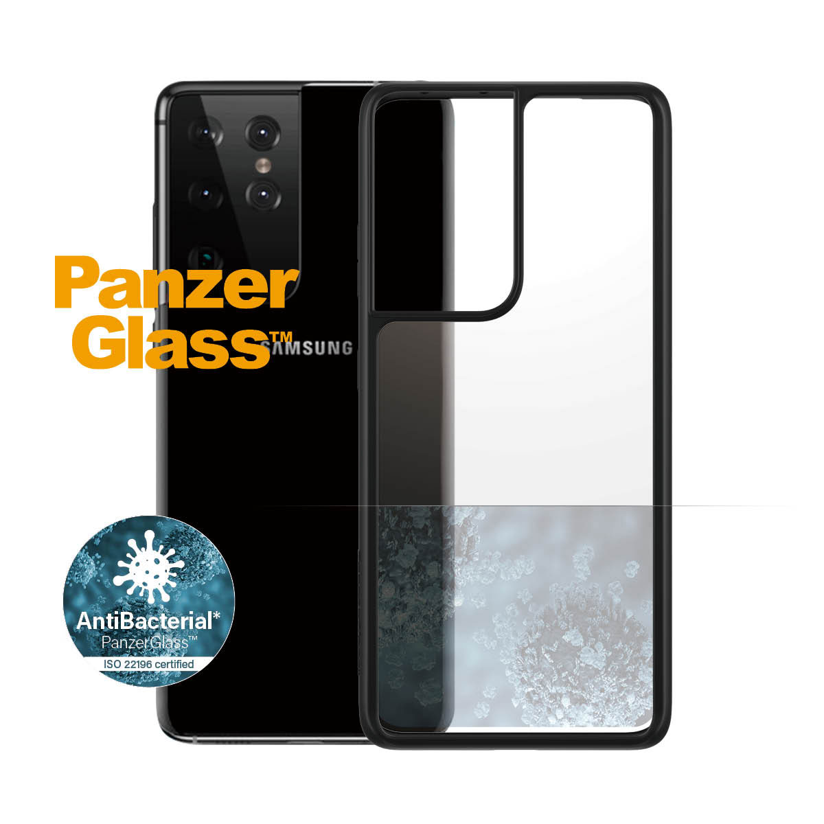 Kaitseümbris ClearCase, Samsung Galaxy S21 Ultra 5G, klaasist tagaküljega, läbipaistev musta äärega, PanzerGlass