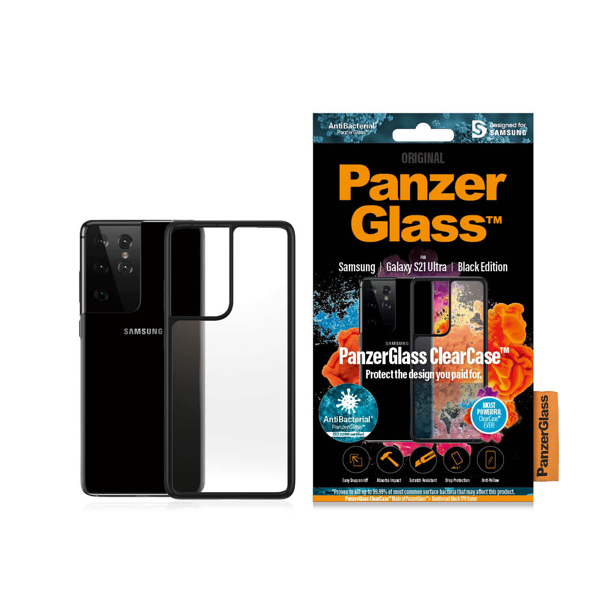 Kaitseümbris ClearCase, Samsung Galaxy S21 Ultra 5G, klaasist tagaküljega, läbipaistev musta äärega, PanzerGlass - Image 3