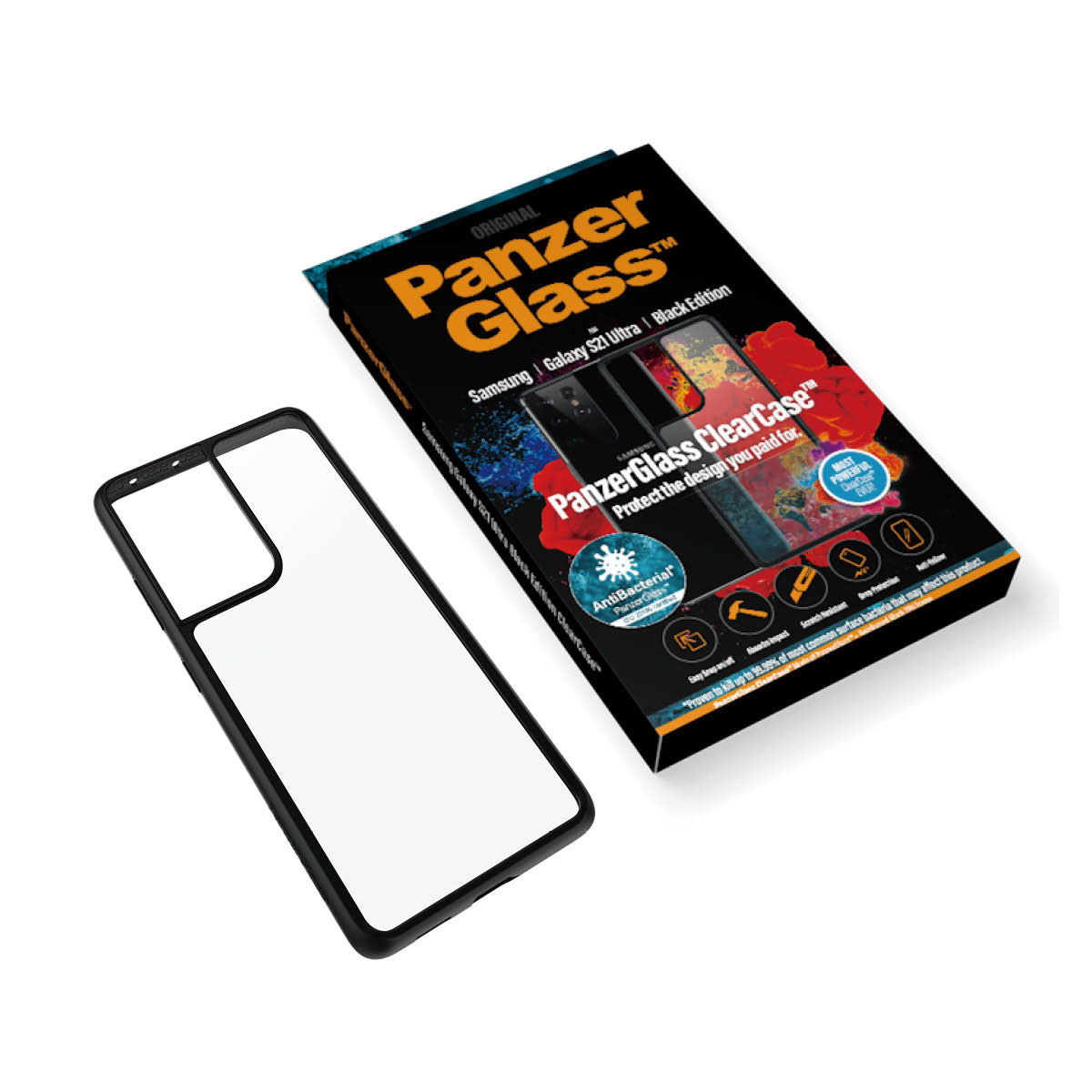 Kaitseümbris ClearCase, Samsung Galaxy S21 Ultra 5G, klaasist tagaküljega, läbipaistev musta äärega, PanzerGlass - Image 5