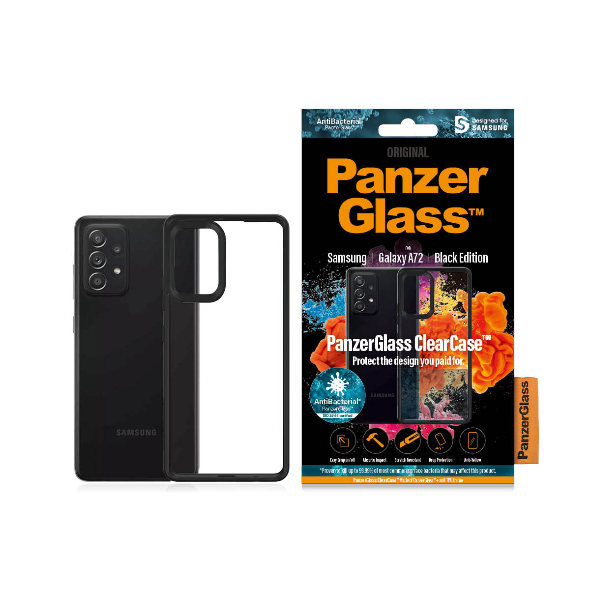 Kaitseümbris ClearCase, Samsung Galaxy A72, klaasist tagaküljega, läbipaistev musta äärega, PanzerGlass - Image 3