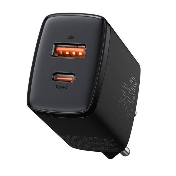 Toalaadija adapter 20W USB + USB-C juhtmele, PD / QC3.0 kiirlaadimine, must, Baseus