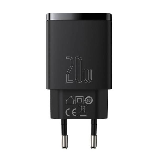 Toalaadija adapter 20W USB + USB-C juhtmele, PD / QC3.0 kiirlaadimine, must, Baseus - Image 2