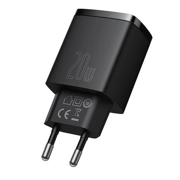 Toalaadija adapter 20W USB + USB-C juhtmele, PD / QC3.0 kiirlaadimine, must, Baseus - Image 3