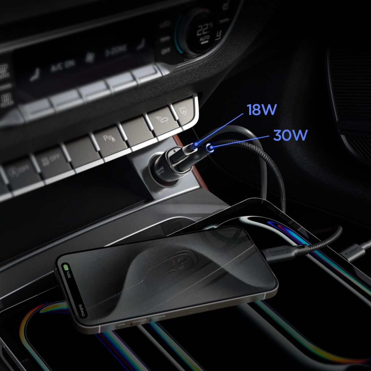 Autolaadija adapter ArcStation Essential 48W, USB + USB-C, must, Spigen - Image 4