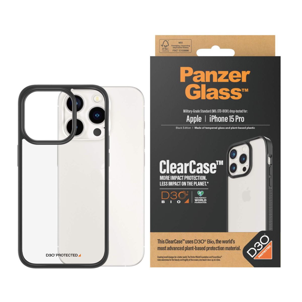 Kaitseümbris ClearCase D3O, Apple iPhone 15 Pro, läbipaistev musta äärega, klaasist tagaküljega, PanzerGlass - Image 2