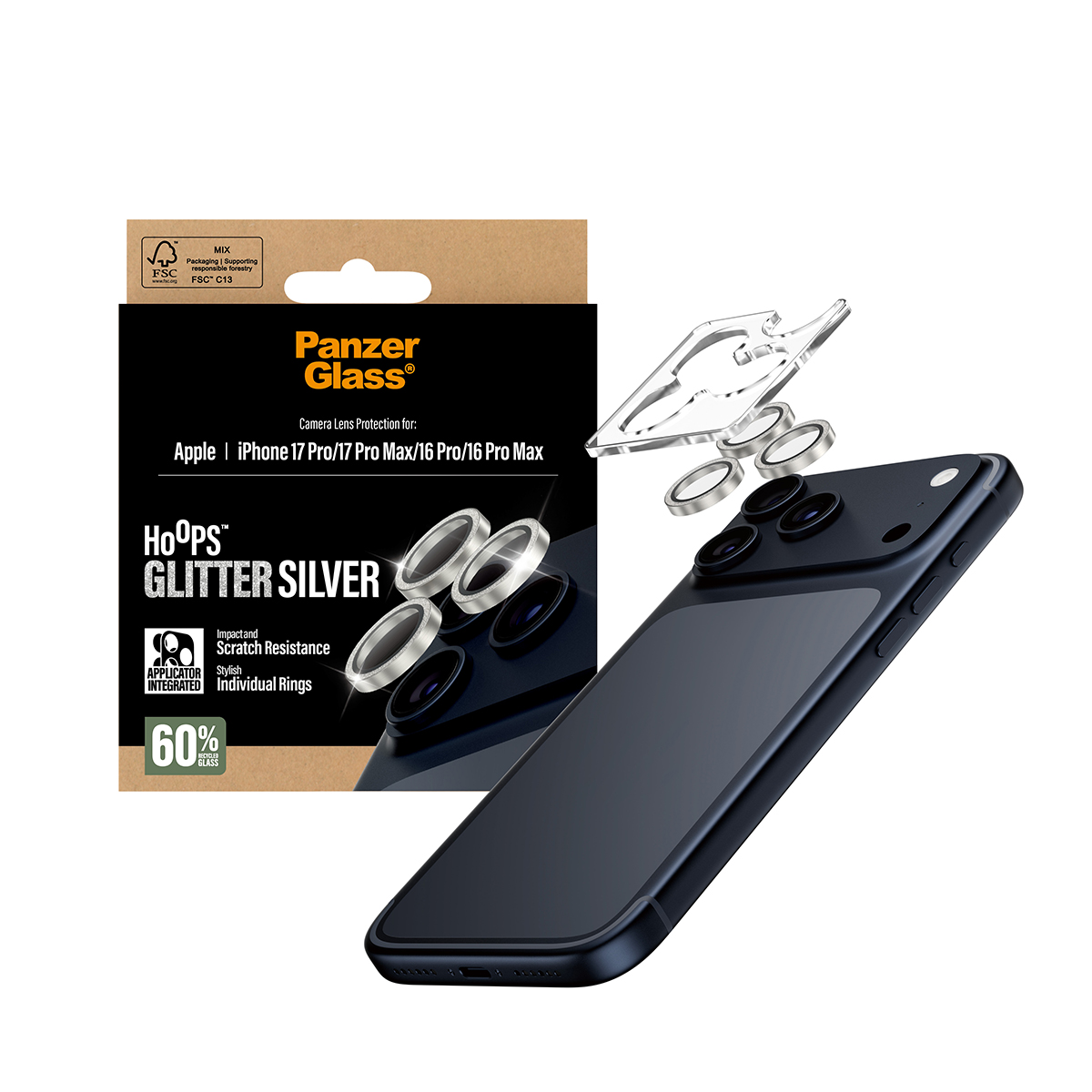 Tagakaamerate kaitseklaasid Hoops Glitter, Apple iPhone 17 Pro / 17 Pro Max / iPhone 16 Pro / 16 Pro Max, hõbedane sädelusega, PanzerGlass - Image 5