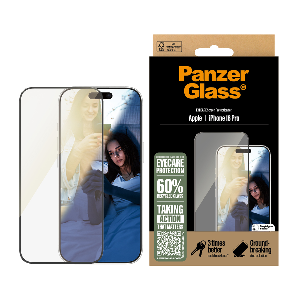 Kaitseklaas silmasõbralik Apple iPhone 16 Pro, peegeldumise ja sinise valguse vastane, Ultra-Wide Fit, PanzerGlass - Image 2