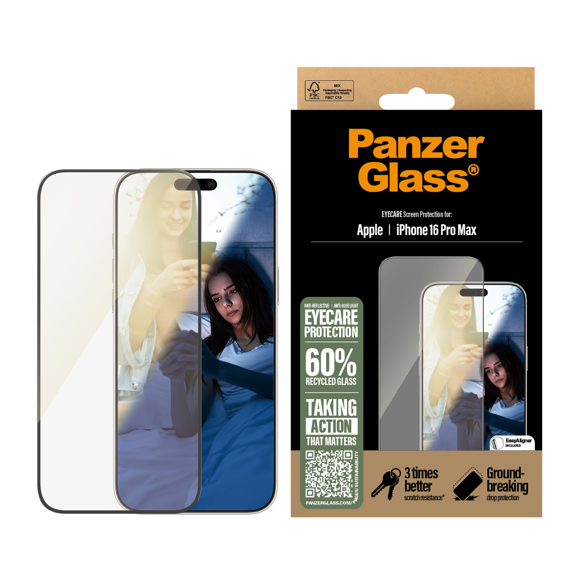 Kaitseklaas silmasõbralik Apple iPhone 16 Pro Max, peegeldumise ja sinise valguse vastane, Ultra-Wide Fit, PanzerGlass - Image 2