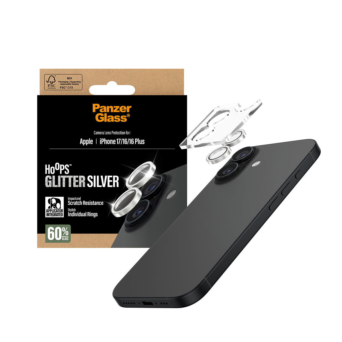 Tagakaamerate kaitseklaasid Hoops Glitter, Apple iPhone 17 / iPhone 16 / iPhone 16 Plus, hõbedane sädelusega, PanzerGlass - Image 5