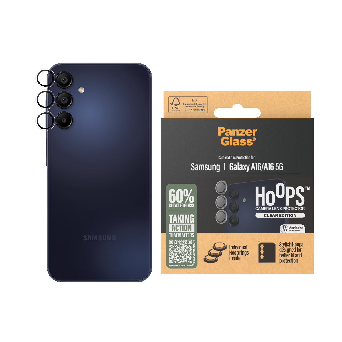 Tagakaamerate kaitseklaasid Hoops, Samsung Galaxy A16 / A16 5G, läbipaistva äärega, PanzerGlass - Image 2