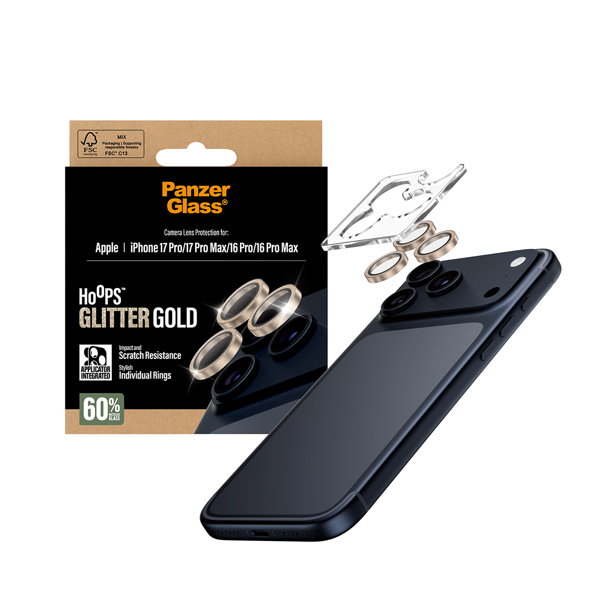 Tagakaamerate kaitseklaasid Hoops Glitter, Apple iPhone 17 Pro / 17 Pro Max / iPhone 16 Pro / 16 Pro Max, kuldne sädelusega, PanzerGlass - Image 5