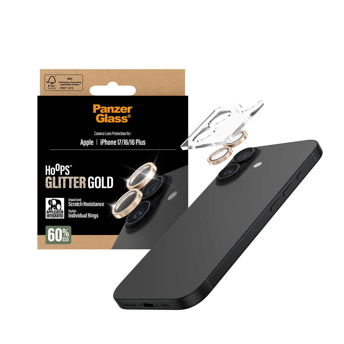 Tagakaamerate kaitseklaasid Hoops Glitter, Apple iPhone 17 / iPhone 16 / iPhone 16 Plus, kuldne sädelusega, PanzerGlass - Image 5