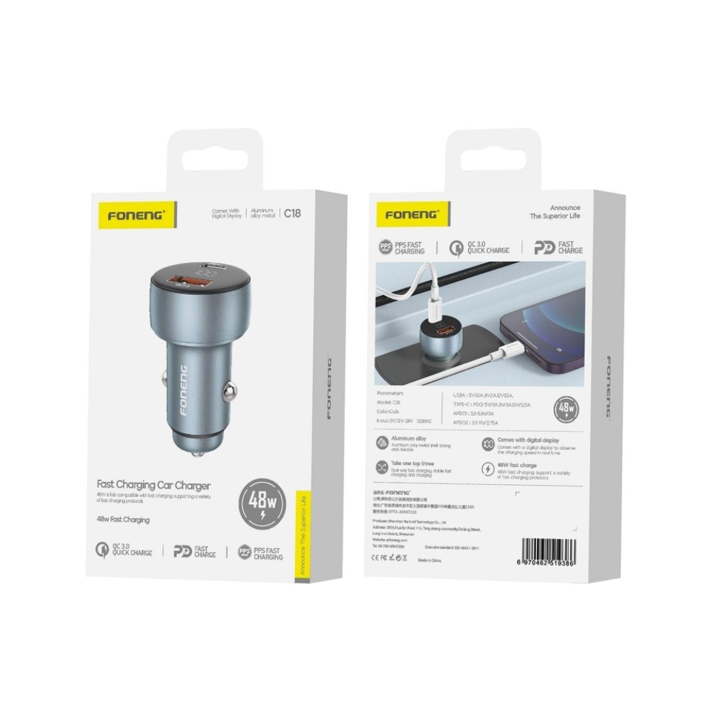 Autolaadija Foneng C18 48W USB-C/USB-A hall - Image 2