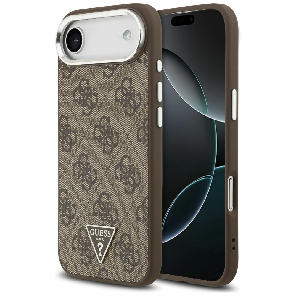 Guess Case Magsafe 4G PU Leather Case With Triangle Logo And Silver Metal Camera Frame For iPhone 17 Air Brown