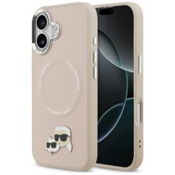 Karl Lagerfeld case Magsafe PU case with Karl&Choupette heads pins logo and metal camera buttons for iPhone 17 beige