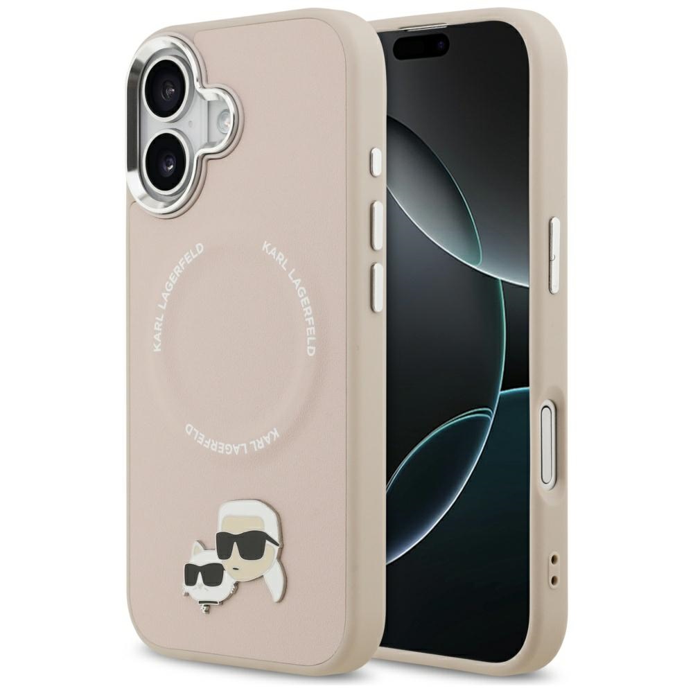 Karl Lagerfeld case Magsafe PU case with Karl&Choupette heads pins logo and metal camera buttons for iPhone 17 beige